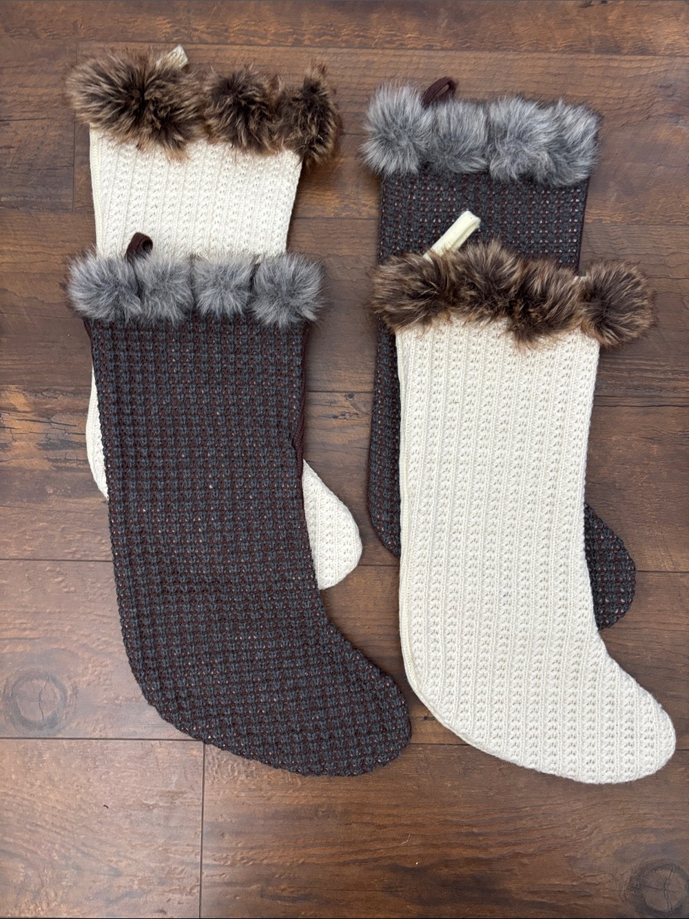Set of 4 Faux Fur Trim Knitted Christmas Stocking - Gray & Cream